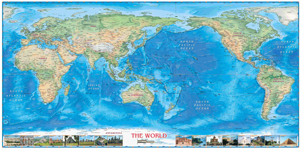World Physical Pacific Centered with World Wonders Wall Map
