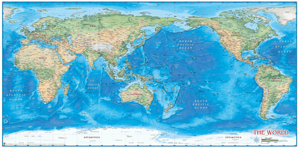 World Physical Pacific Centered without Wonders Wall Map