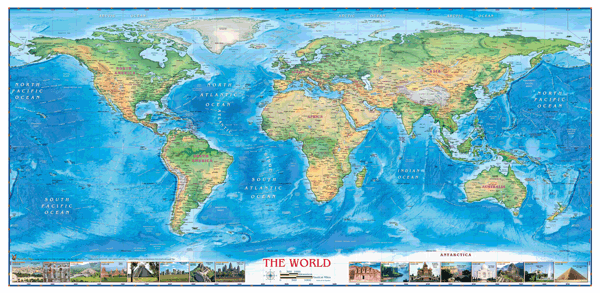 World Physical with USA West Europe Centered Wall Map