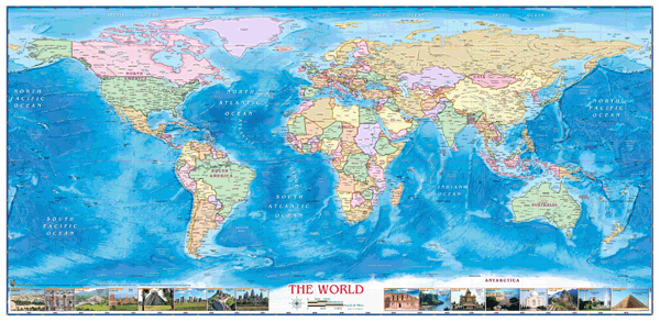 World Political with USA West Europe Centered Wall Map