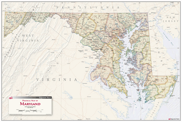 Political Wall Map Of Maryland With Antique Tones