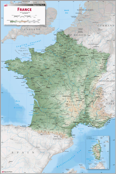 France Physical Wall Map by Equator Maps - MapSales