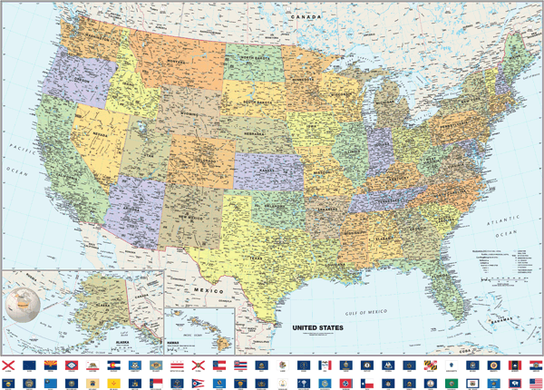 Classic USA Wall Map with Flags