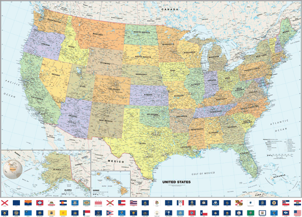 Classic USA Wall Map with Flags