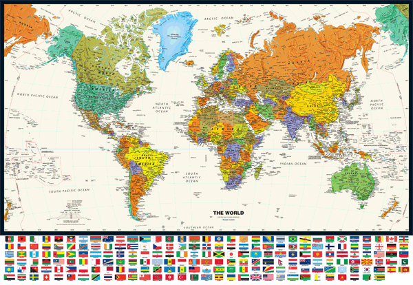 Contemporary World Wall Map with Flags