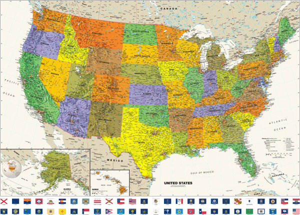Contemporary USA Wall Map with Flags