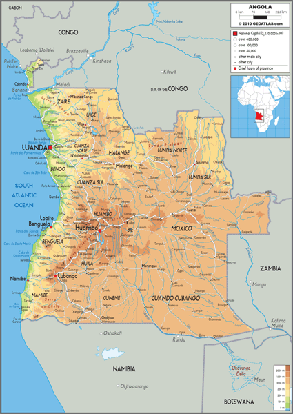 Angola Physical Wall Map