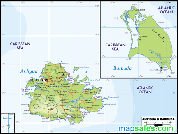 Antigua Barbuda Physical Wall Map