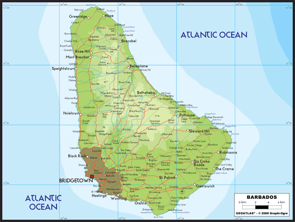 Barbados Physical Wall Map