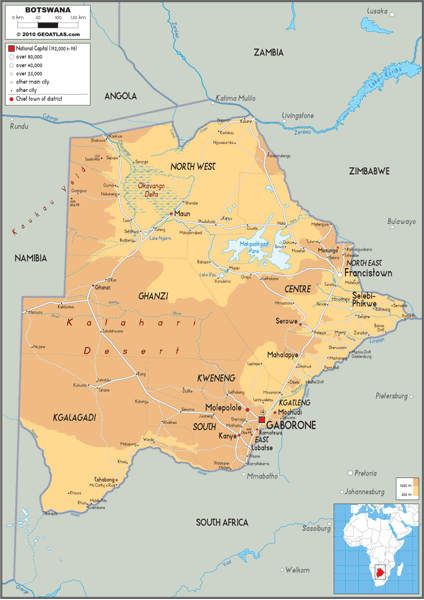 Botswana Physical Wall Map