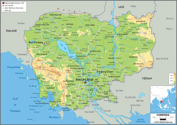 Cambodia Physical Wall Map