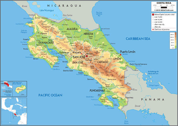 Costa Rica Physical Wall Map