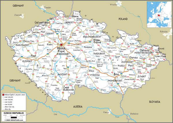 Czech Rep Road Wall Map