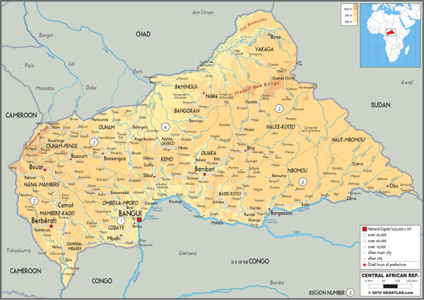 C. African Republic Physical Wall Map