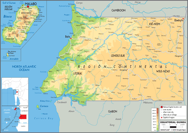 Equatorial Guinea Physical Wall Map