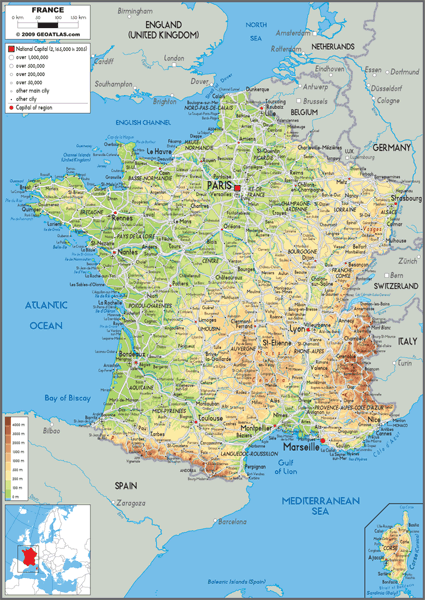France Physical Wall Map