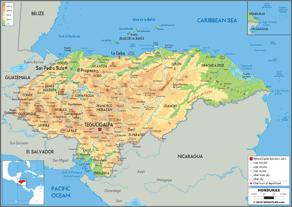 Honduras Physical Wall Map