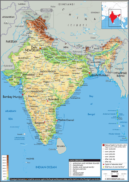 India Physical Wall Map