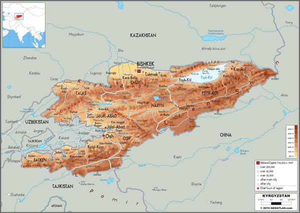 Kyrgyzstan Physical Wall Map