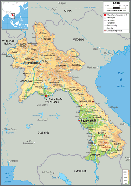 Laos Physical Wall Map