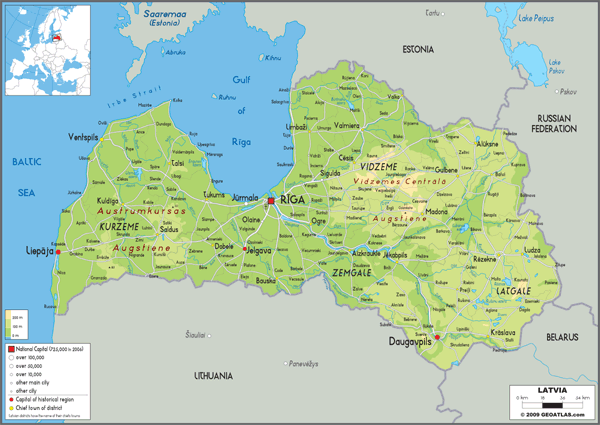 Latvia Physical Wall Map