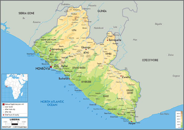 Liberia Physical Wall Map