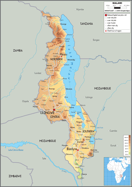Malawi Physical Wall Map