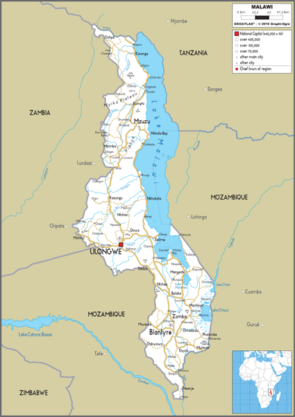 Malawi Road Wall Map