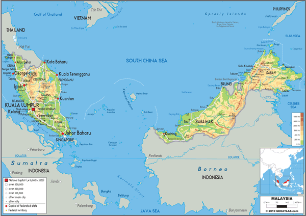 Malaysia Physical Wall Map