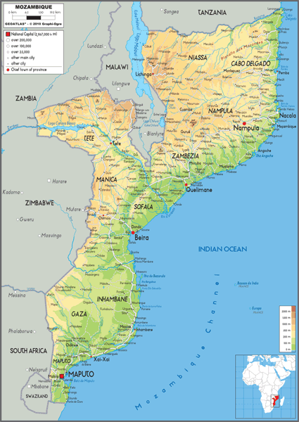 Mozambique Physical Wall Map