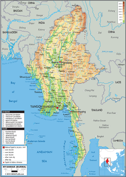 Myanmar Physical Wall Map