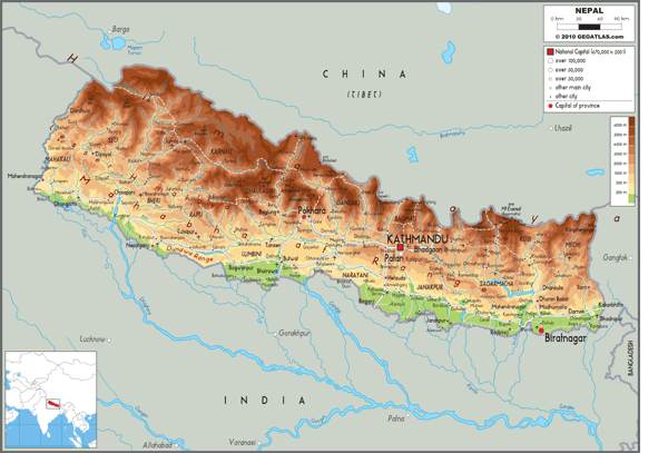 Nepal Physical Wall Map