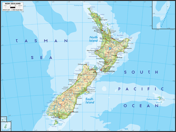 New Zealand Physical Wall Map