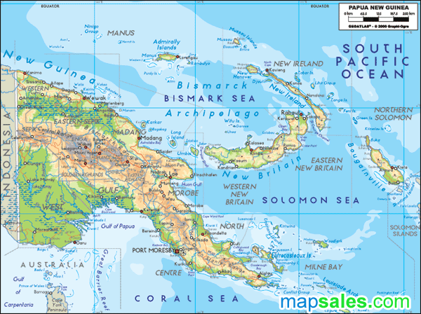 Papua New Guinea Physical Wall Map