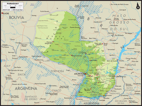 Paraguay Physical Wall Map