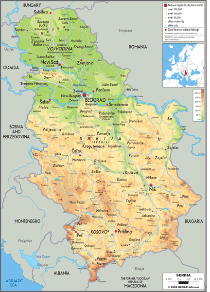 Serbia Physical Wall Map