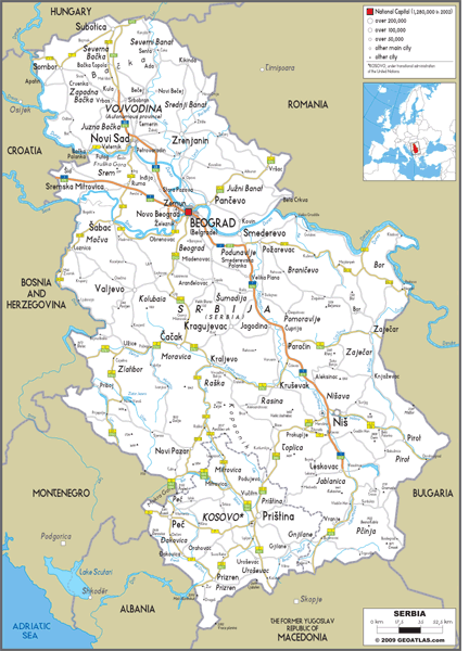 Serbia Road Wall Map