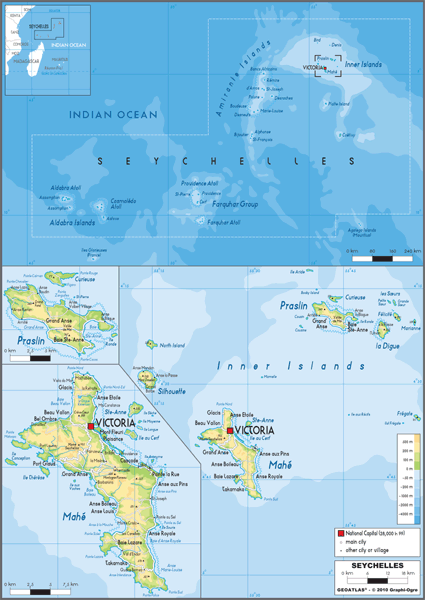 Seychelles Physical Wall Map