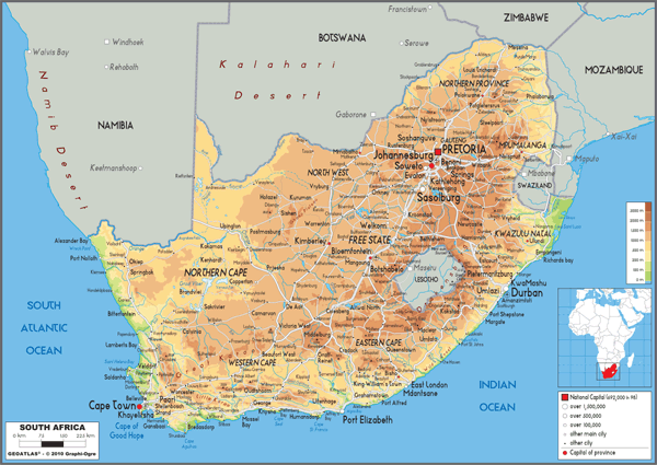 South Africa Physical Wall Map