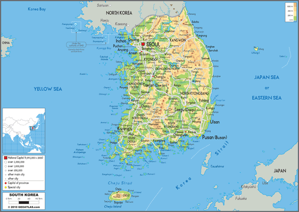 South Korea Physical Wall Map