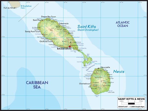 St Kitts Nevis Physical Wall Map