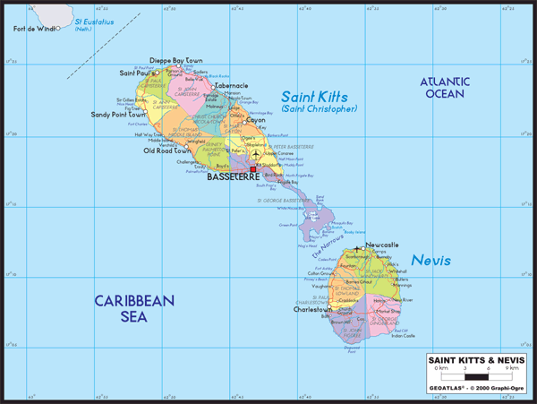 St Kitts Nevis Political Wall Map