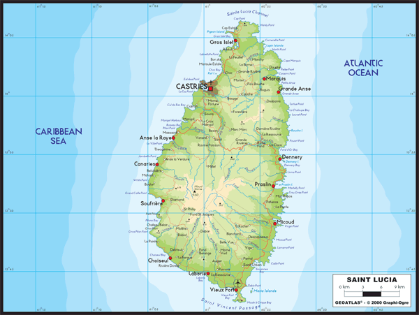 St Lucia Physical Wall Map