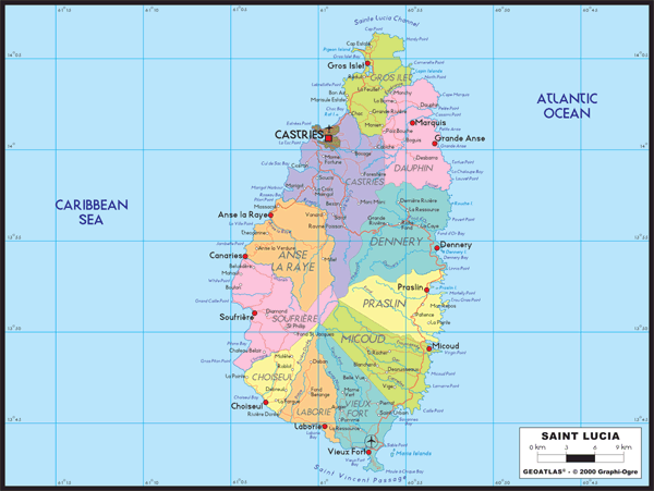 St Lucia Political Wall Map