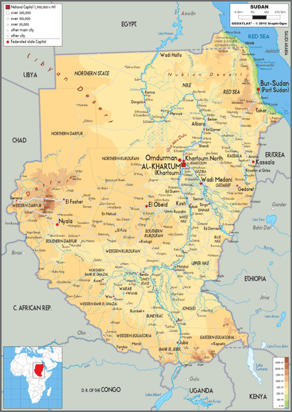 Sudan Physical Wall Map