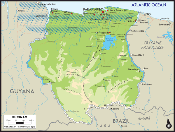 Surinam Physical Wall Map
