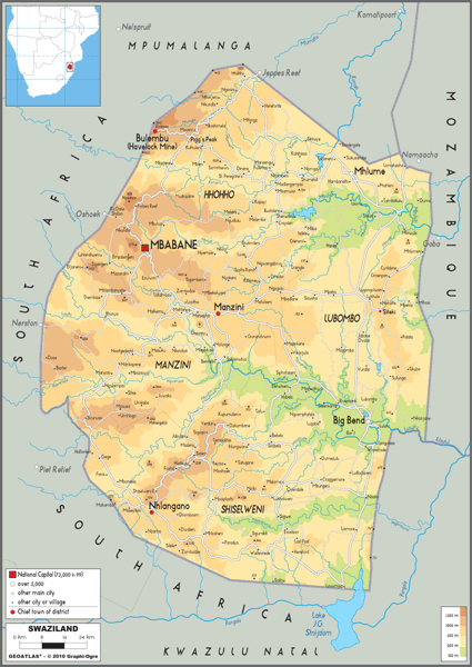 Swaziland Physical Wall Map