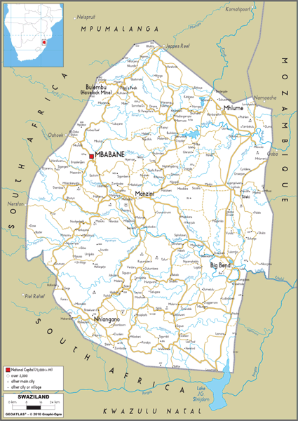 Swaziland Road Wall Map