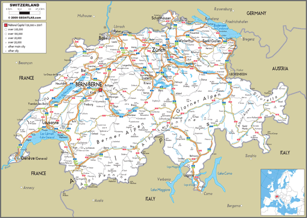 Switzerland Road Wall Map