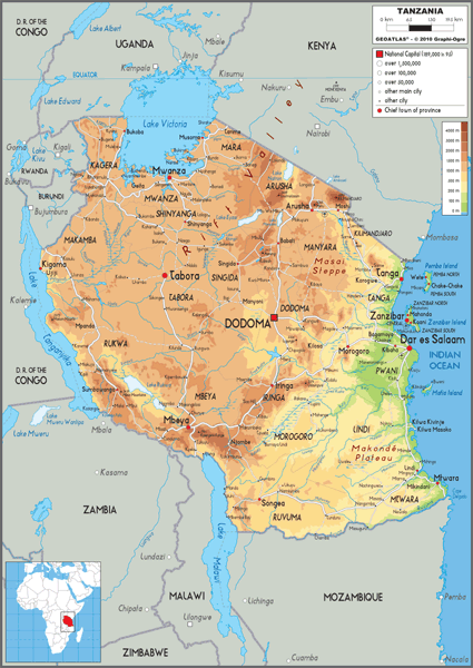 Tanzania Physical Wall Map